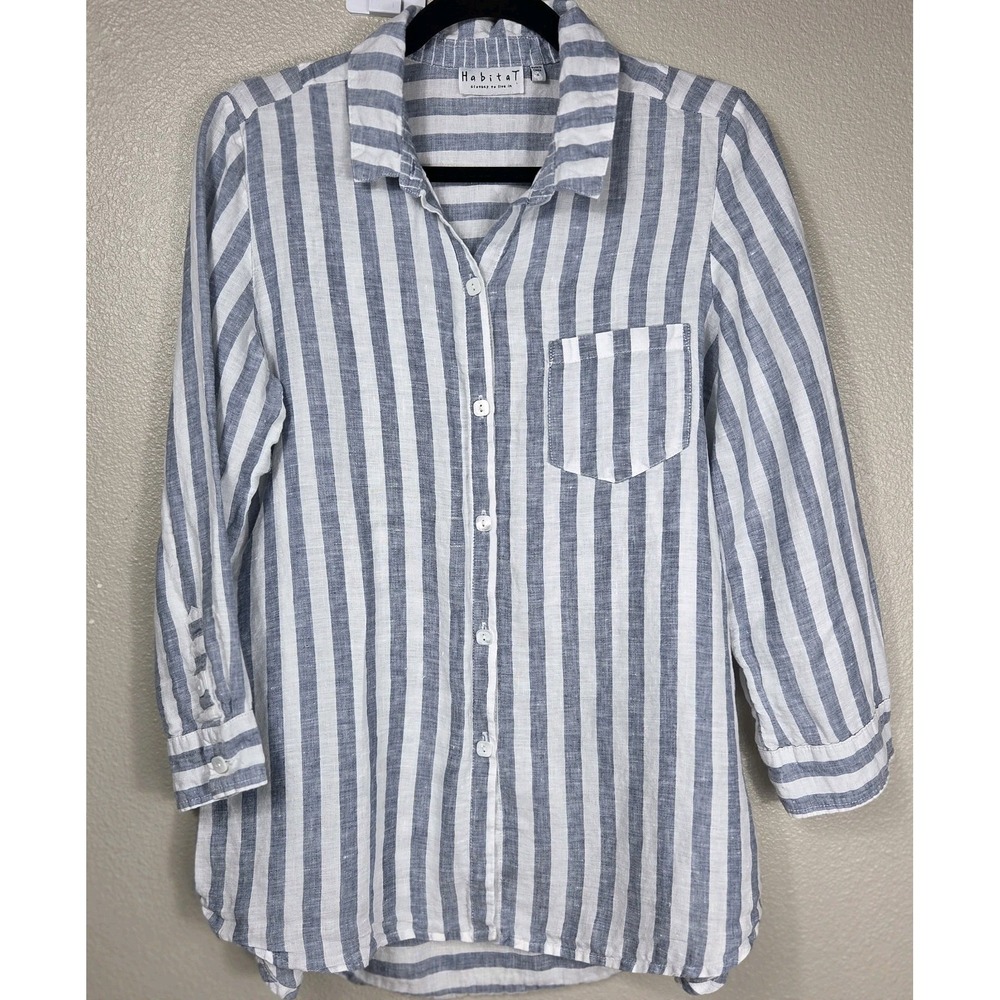 Habitat 100% Linen Blue White Striped Button Front Shirt Women's Small Roll Tab